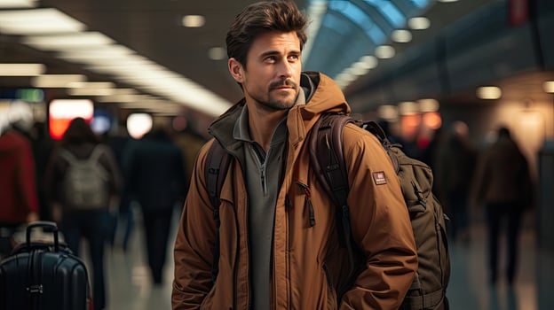 AI generated Male tourist traveler waiting to board a plane in the airport terminal, concept of travel tourism and air travel photo