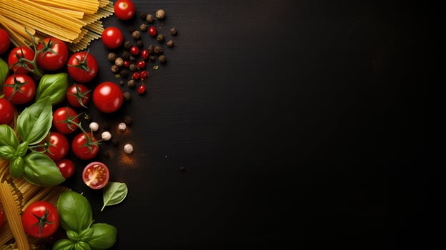 AI generated Food background. Italian food background with pasta, tomatoes and basil on a dark background. photo