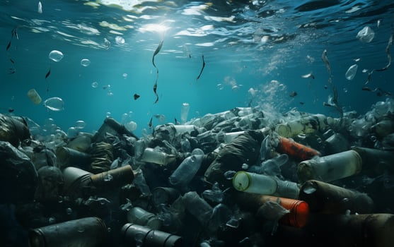 AI generated Water pollution, garbage underwater, sunken ship photo