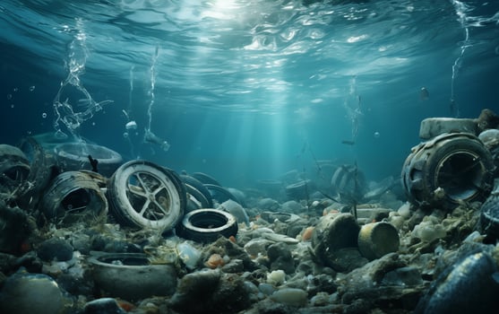 AI generated Water pollution, garbage underwater, sunken ship photo