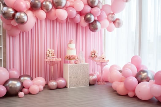 AI generated Birthday decoration with color balloons an gift boxes in an room concept, AI generated photo