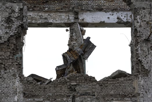 destroyed and burned houses in the city Russia Ukraine war photo