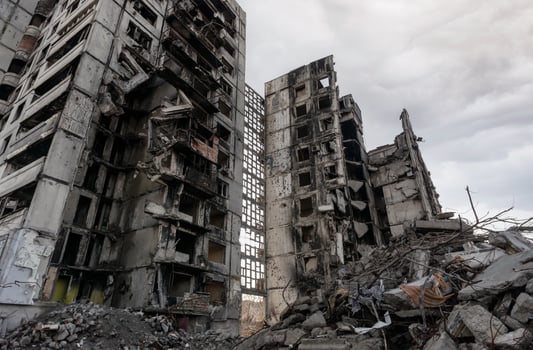 destroyed and burned houses in the city Russia Ukraine war photo