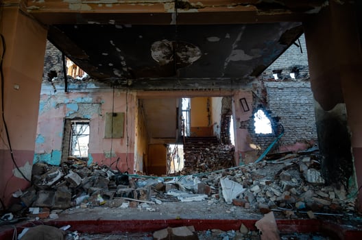 destroyed and burned houses in the city Russia Ukraine war photo