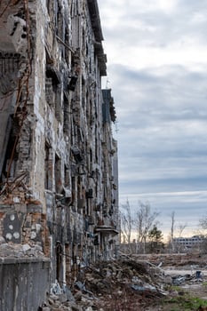 destroyed and burned houses in the city Russia Ukraine war photo