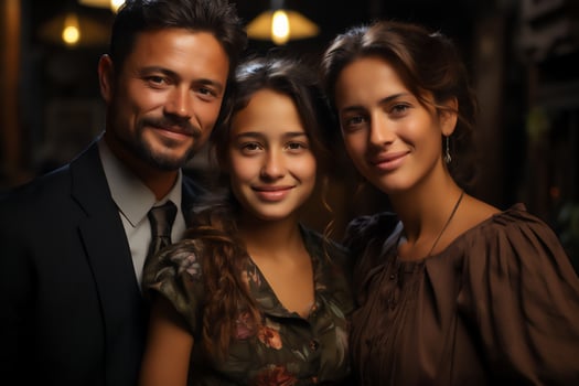 AI Generated Happy latin family sitting and smiling together. Portrait at night photo