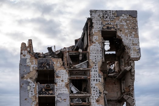 destroyed and burned houses in the city Russia Ukraine war photo