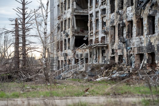 destroyed and burned houses in the city Russia Ukraine war photo