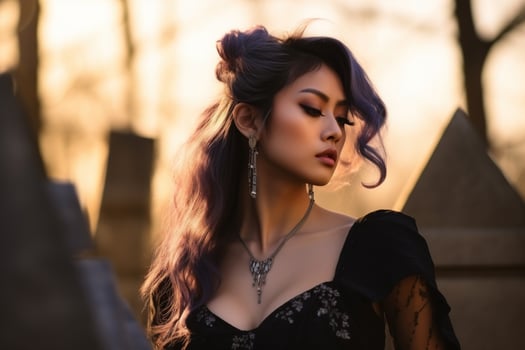 AI generated Beautiful young woman in the old cemetery. photo