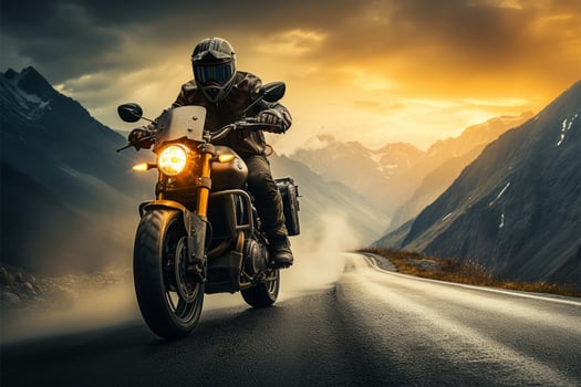 AI generated Mountain journey Motorcycle rider cruising through the hills at sunset photo