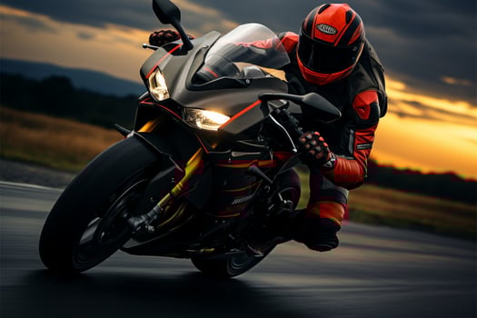 AI generated Highway elegance Motorcycle rider on the road at sunset, sport photo