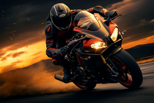 AI generated Sunset ride Motorcycle rider on the road, sport bike elegance photo