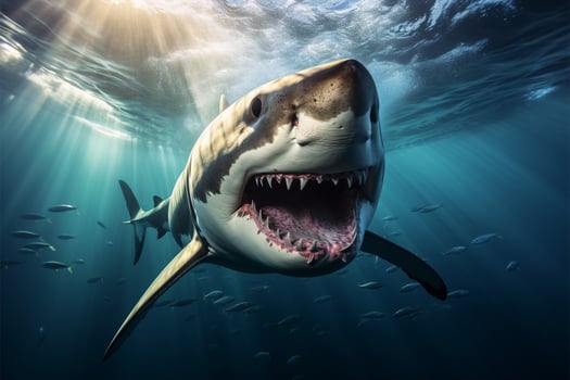 AI generated Oceanic threat Great predator shark with dangerous teeth swimming underwater photo