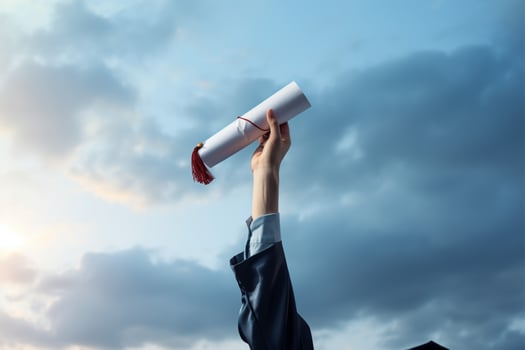 AI generated Educational milestone Hand proudly grasping a diploma in the sky photo