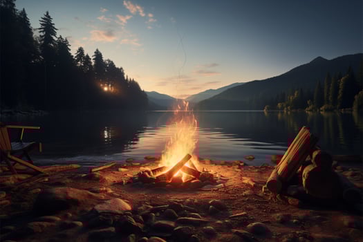AI generated Lakeside serenity Outdoor nature landscape with a bonfire and campfire photo