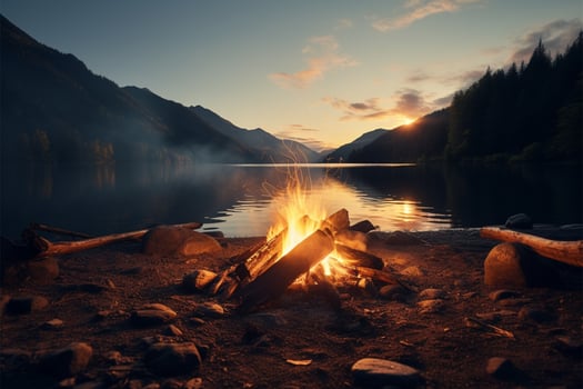 AI generated Wild adventure Outdoor nature landscape with bonfire, campfire, and lake photo