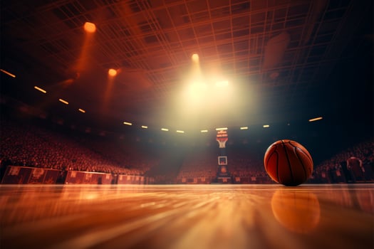 AI generated Basketball arena Wooden court, hoop, and players in intense tournament action photo