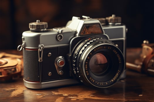 AI generated Throwback aesthetics Old retro camera on vintage background, 90s style photo