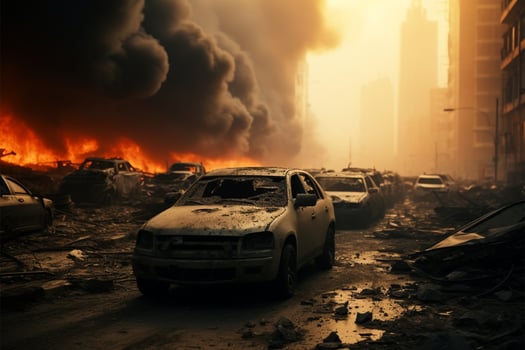 AI generated City disaster Street wreck, smoke, destruction aftermath, emergency vehicle response photo