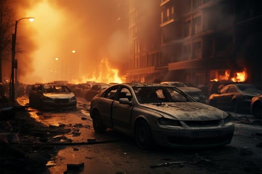 AI generated City emergency Street accident, smoke, car destruction, emergency vehicle response photo