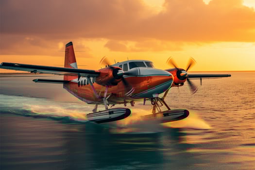 AI generated Luxury transport Seaplane landing over Maldives sea at amazing sunset photo