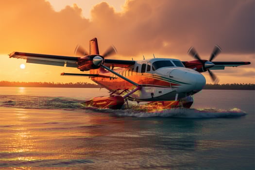 AI generated Luxury transport Seaplane landing over Maldives sea at amazing sunset photo