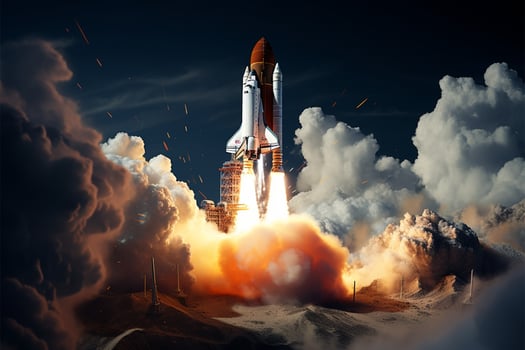AI generated Celestial ascent Rocket launches into space in dynamic mixed media photo