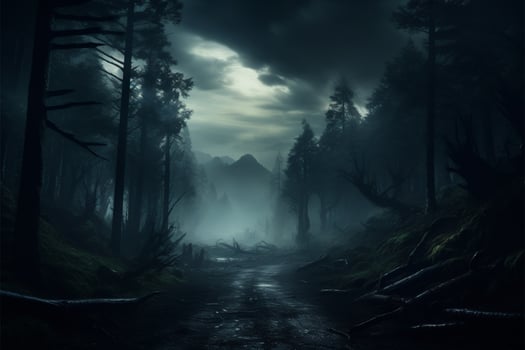 AI generated Eerie ambiance Fog blankets the night in a dark forest photo