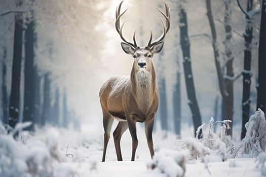 AI generated Grace in winter Deer stands against a snow covered forest backdrop photo