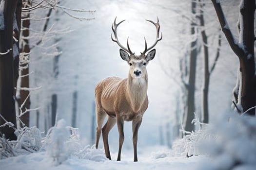 AI generated Grace in winter Deer stands against a snow covered forest backdrop photo