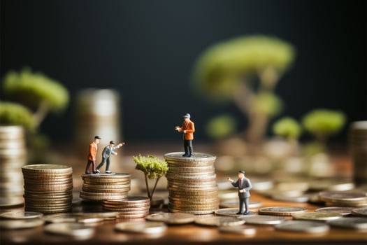 AI generated Business growth Miniature figures on money with wooden background illustration photo