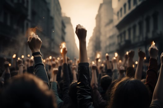 AI generated City dissent Human movement and protest with fists raised concept photo