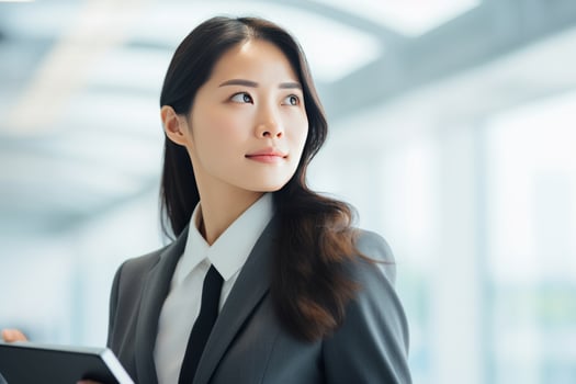 AI generated a business woman in a suit stands in an office holding an electronic tablet photo
