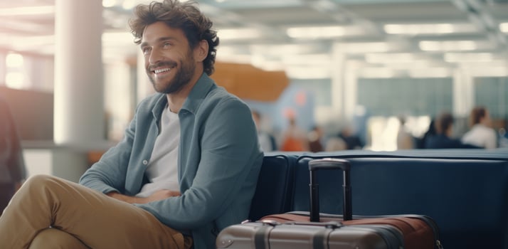 AI generated a man is sitting at an airport with his laptop in front of him photo