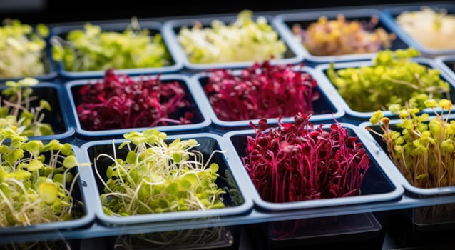 AI generated a selection of sprouts in trays in the window, photo
