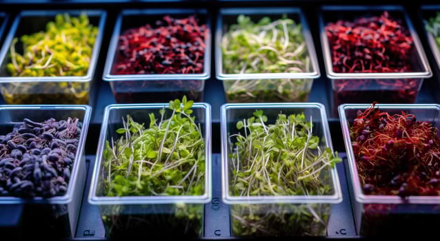 AI generated a selection of sprouts in trays in the window, photo
