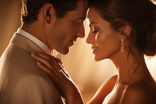 AI generated Wedding couple, gentle kiss, surrounded by romance photo