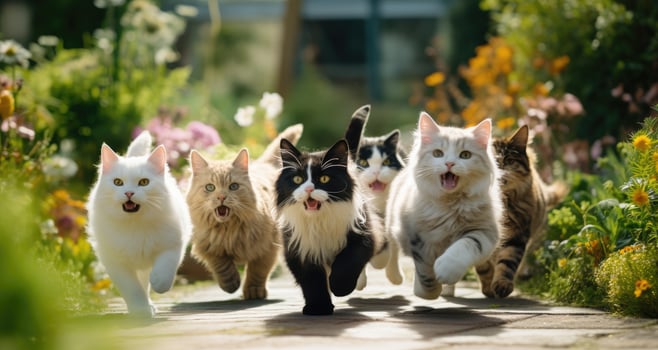 AI generated cats, dogs, and kittens running through a garden photo