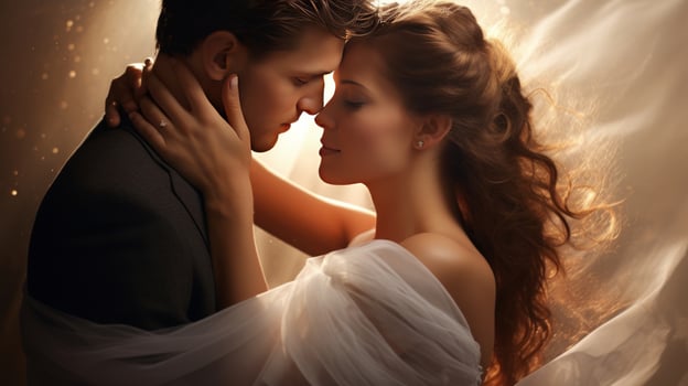 AI generated Wedding couple, gentle kiss, surrounded by romance photo