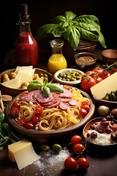 AI generated A tempting dinner arrangement with pasta, antipasti, and inviting copy space for text photo