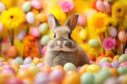 AI generated Vibrant Easter background, eggs, and an adorable bunny, creating joyful and festive vibes photo