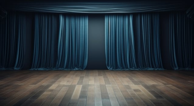 AI generated stage curtains with dark wooden floor stock photo