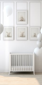 AI generated the crib is inside of a white room with balloons and frames photo
