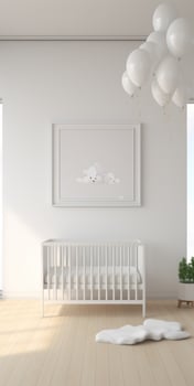AI generated the crib is inside of a white room with balloons and frames photo