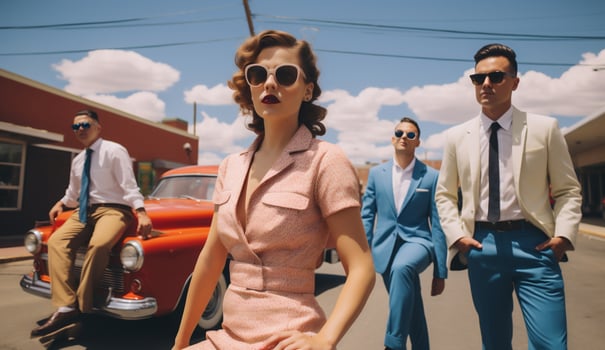 AI generated stylish young people in sunglasses looking at camera while standing near retro car photo