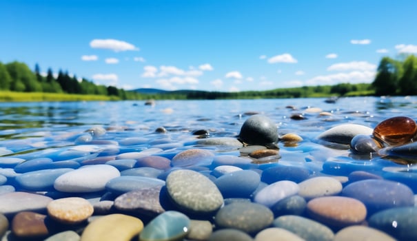 AI generated Pebbles in the water on a background of blue sky with clouds photo