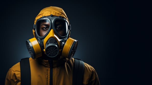 AI generated Close-up portrait of black man in a gas mask on a dark background. photo