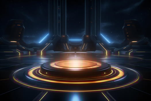 AI generated Futuristic podium platfom with neon light. Spaceship hall concept photo