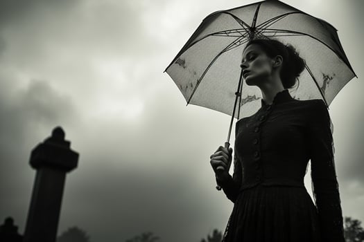 AI generated Beautiful young woman with umbrella in the cemetery photo