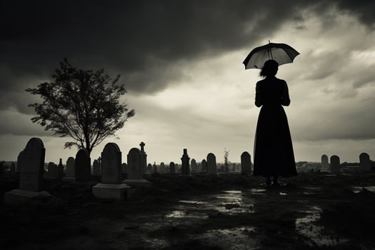 AI generated Beautiful young woman with umbrella in the cemetery photo